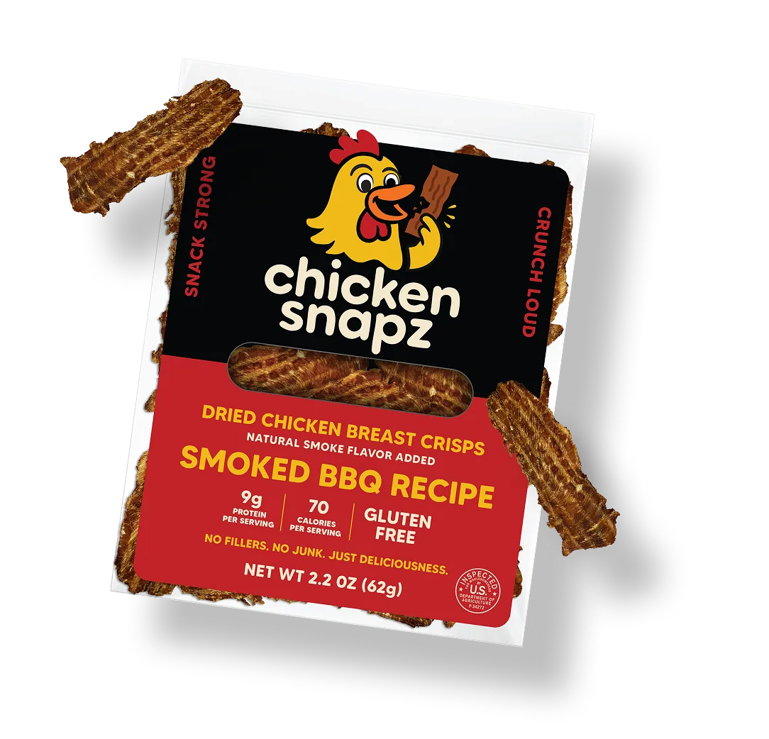 Chicken Snapz product packaging - dried chicken breast crisps smokey BBQ recipe
